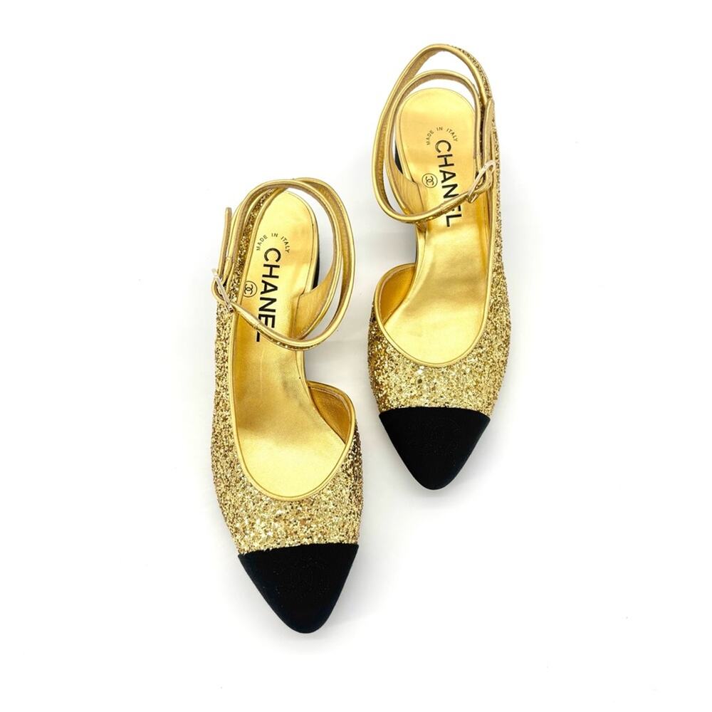 Chanel CC Logo Glitter and Grosgrain Cap Toe Slingback Platform Heel Pumps 37 - Picture 4 of 10